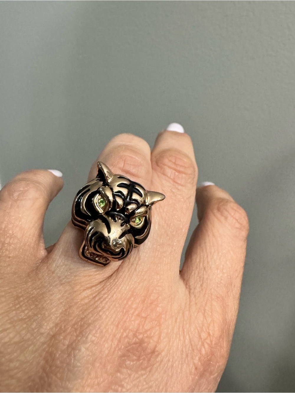 Gold Tiger Head Statement Ring with Green Eye Accents
